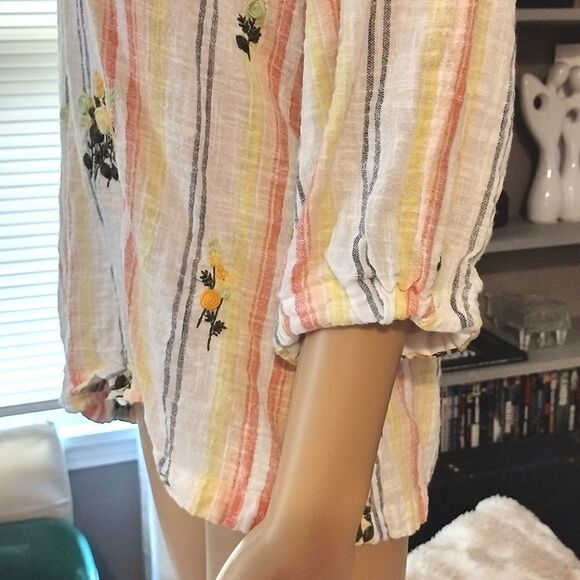 Ivy Jane Women's Size S/M Colorful Striped Floral Boho 100% Cotton Blouse Top - Picture 3 of 13